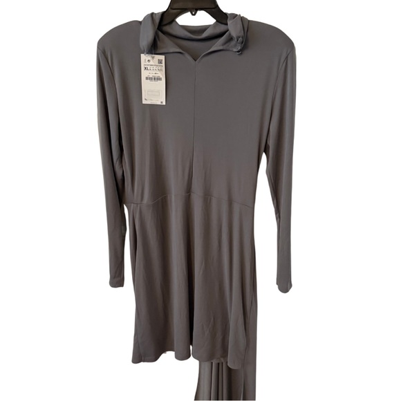 NWT Zara Gray Asymmetrical Draped Mini Dress | Shoulder Pads | Knit Size XL - Picture 2 of 5